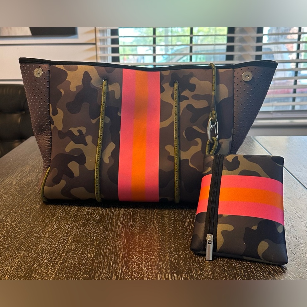 Well loved neoprene tote. Camo, Pink & Orange